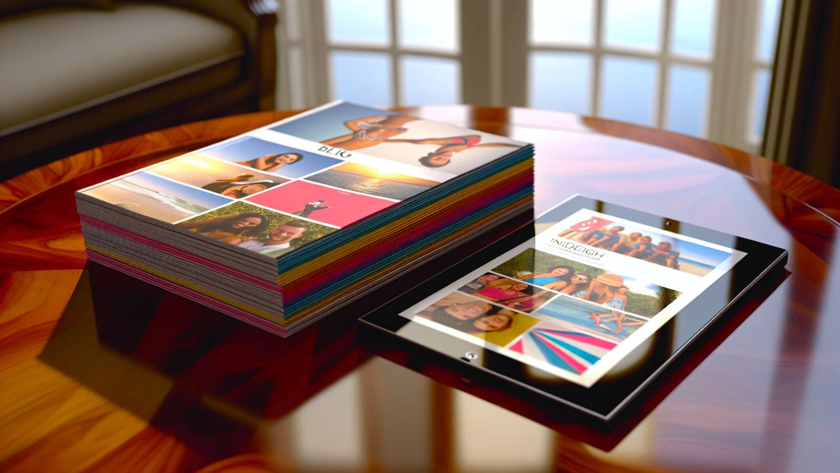 A stack of printed brochures and a tablet displaying a digital magazine