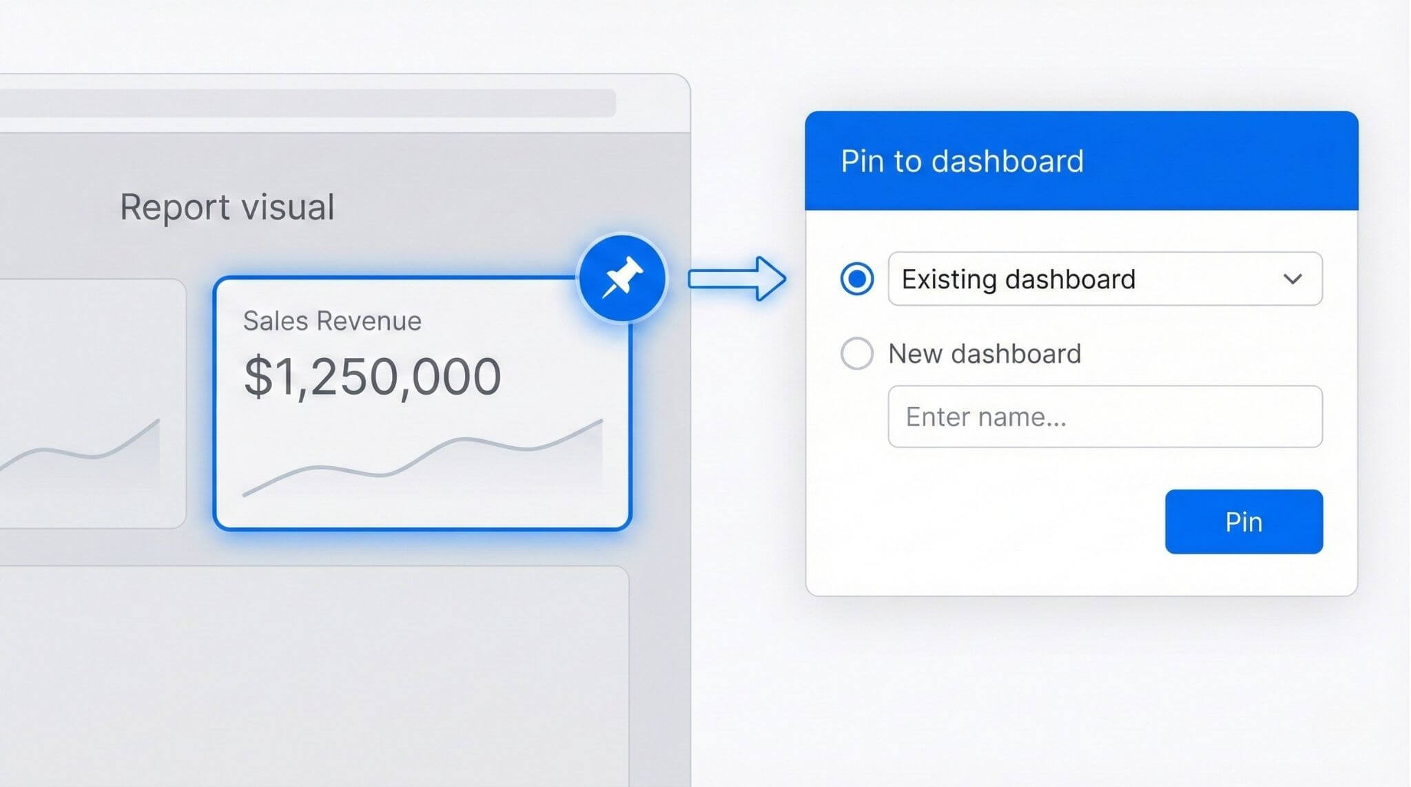 Power BI service showing the pin to dashboard option used to create dashboard tiles from report visuals