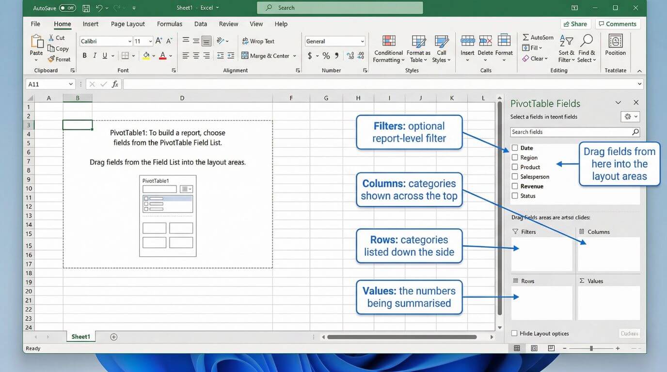 Excel PivotTable Fields pane showing available fields and the Rows Columns Values and Filters areas