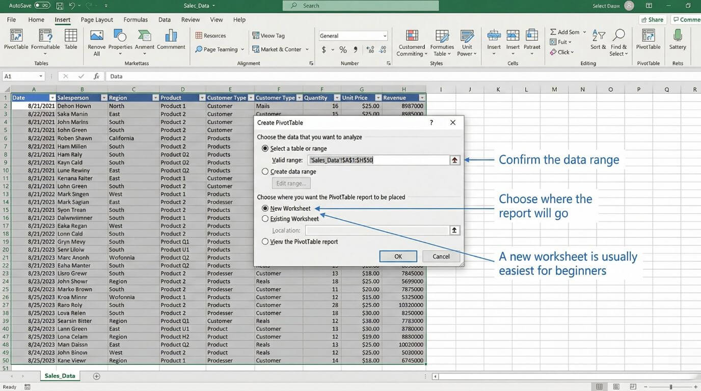 Excel Create PivotTable dialog showing the selected data range and New Worksheet option