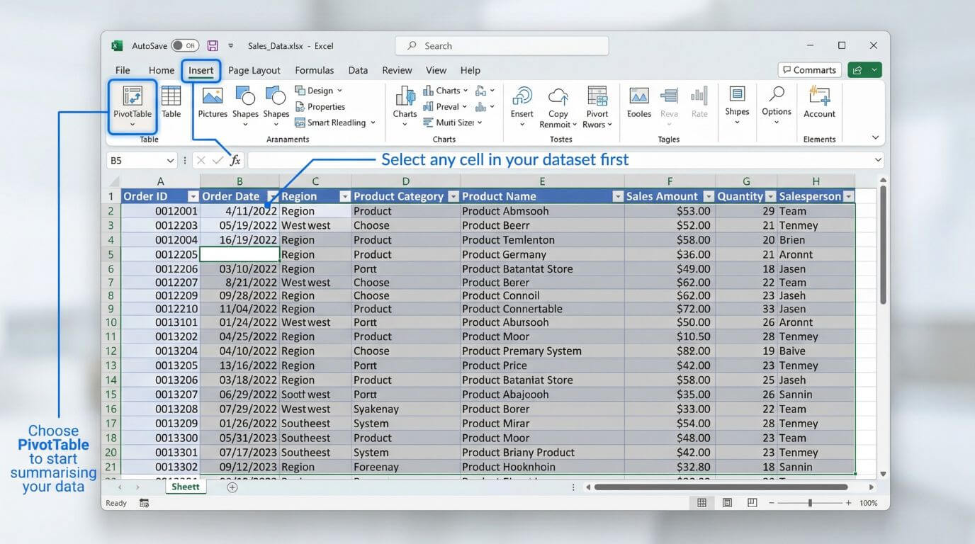 Excel Insert tab showing the PivotTable button highlighted in the ribbon