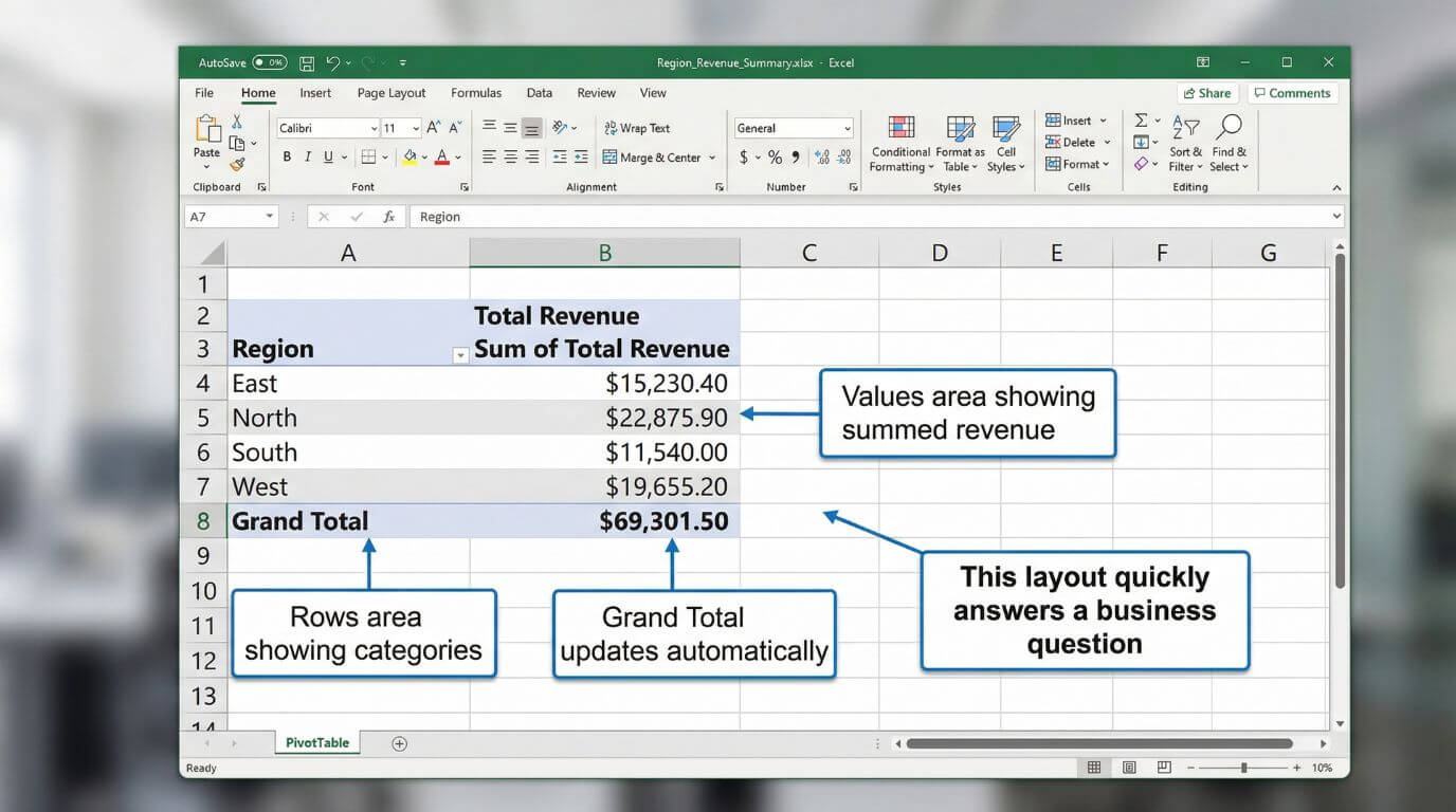 Completed Excel Pivot Table summarising revenue by region with totals displayed