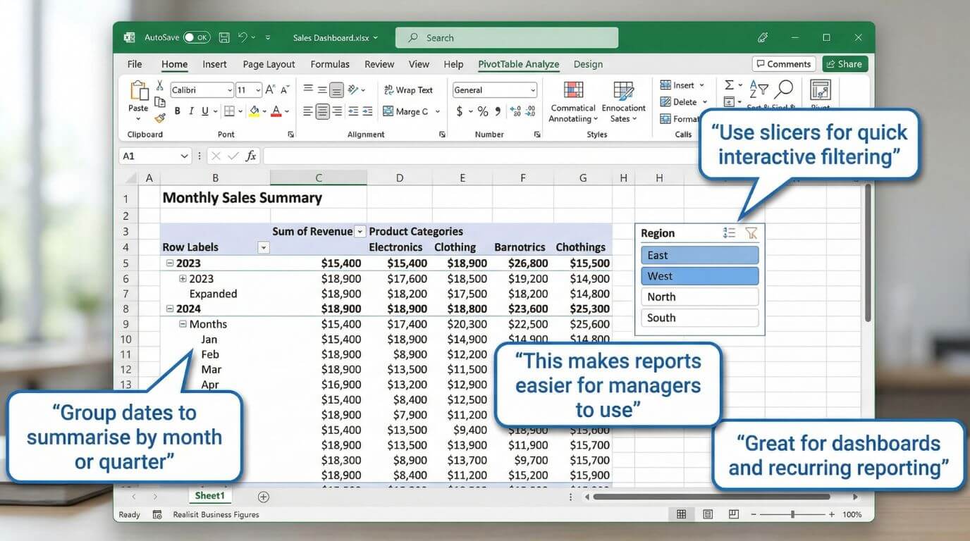 Excel Pivot Table with slicers added for interactive filtering by region and channel