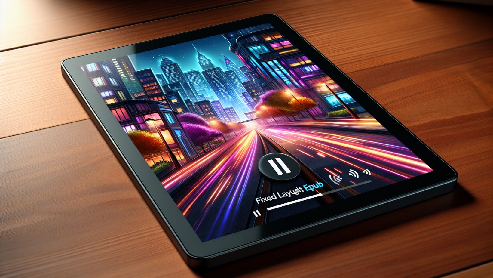 A tablet displaying a Fixed Layout EPUB with interactive multimedia elements