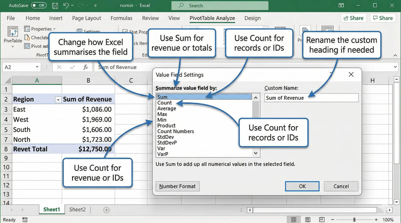 Excel Pivot Table with date field grouped by month and year for easier reporting