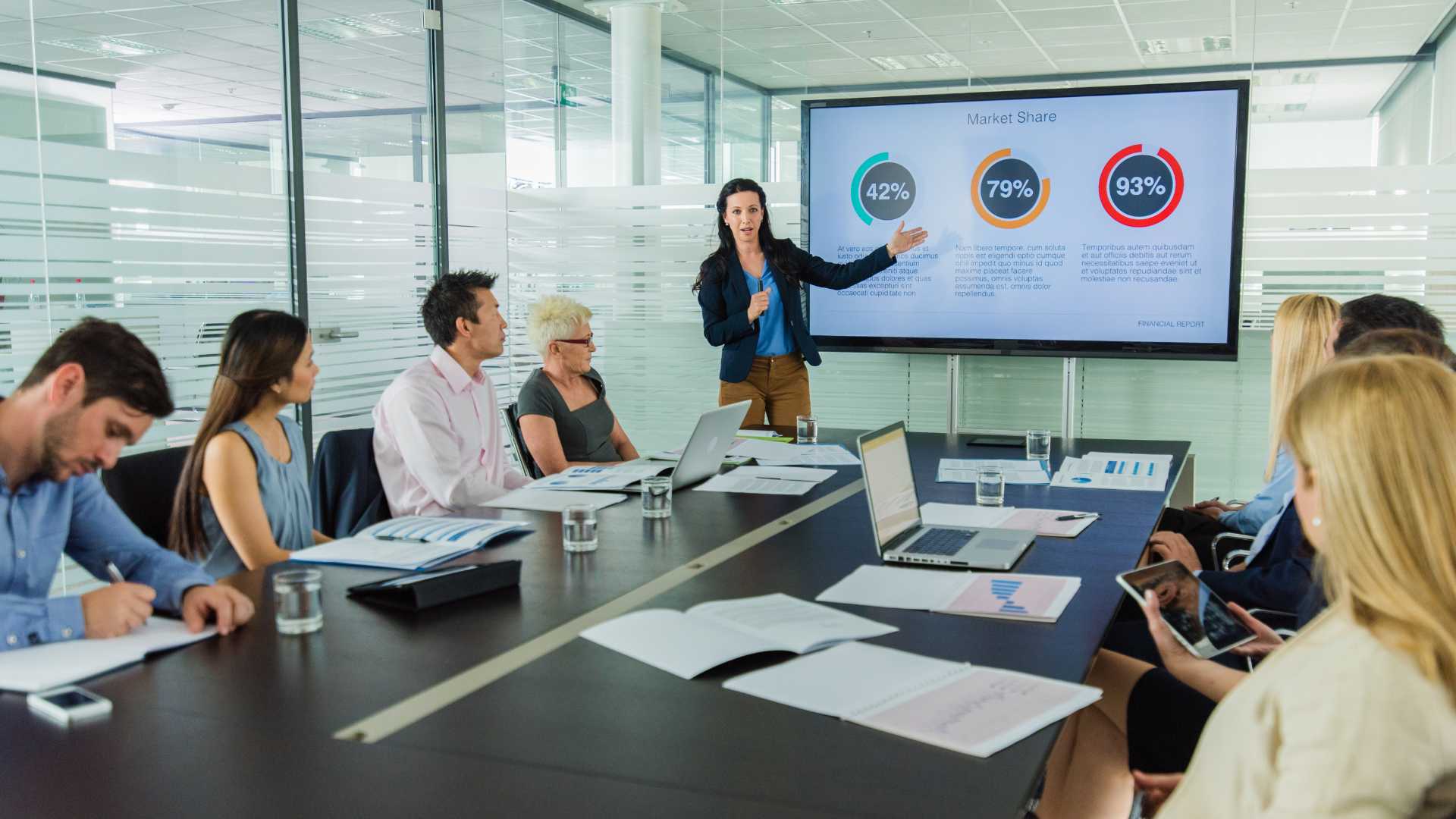 corporate lady presenting work presentation to audience 