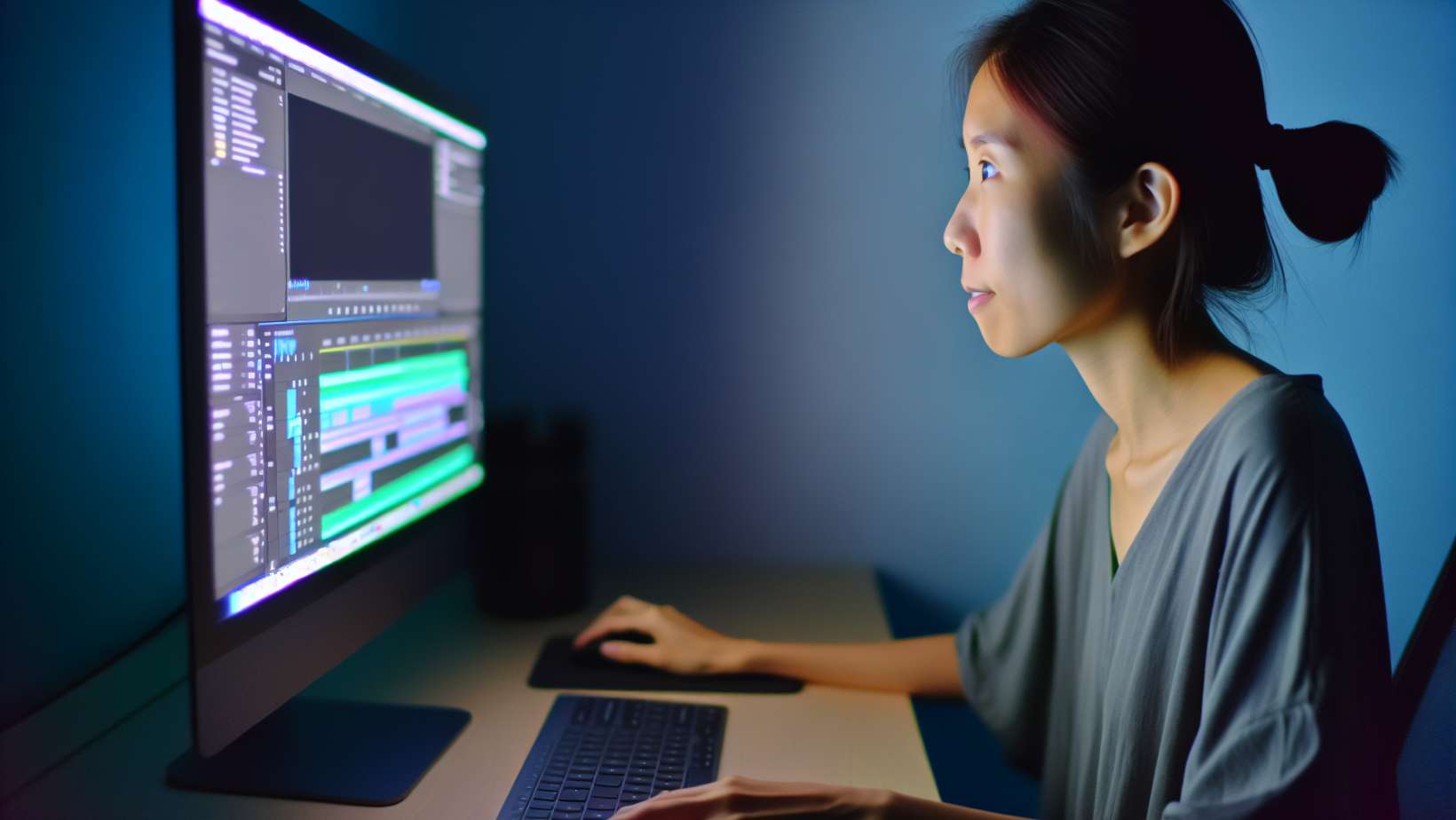 A person using professional video editing software on a computer
