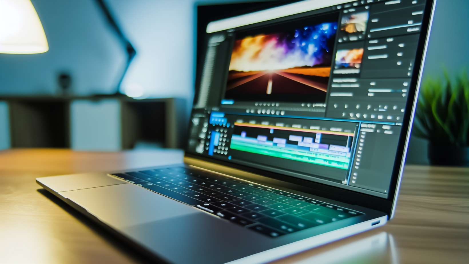 A laptop with a video editing software interface on the screen